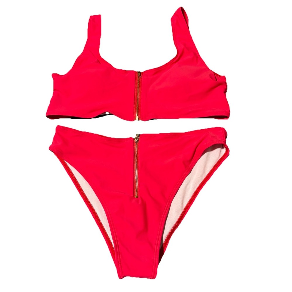 High Waist Bikini Set Two Piece Swimsuit Medium Coral Front-Zip Bra